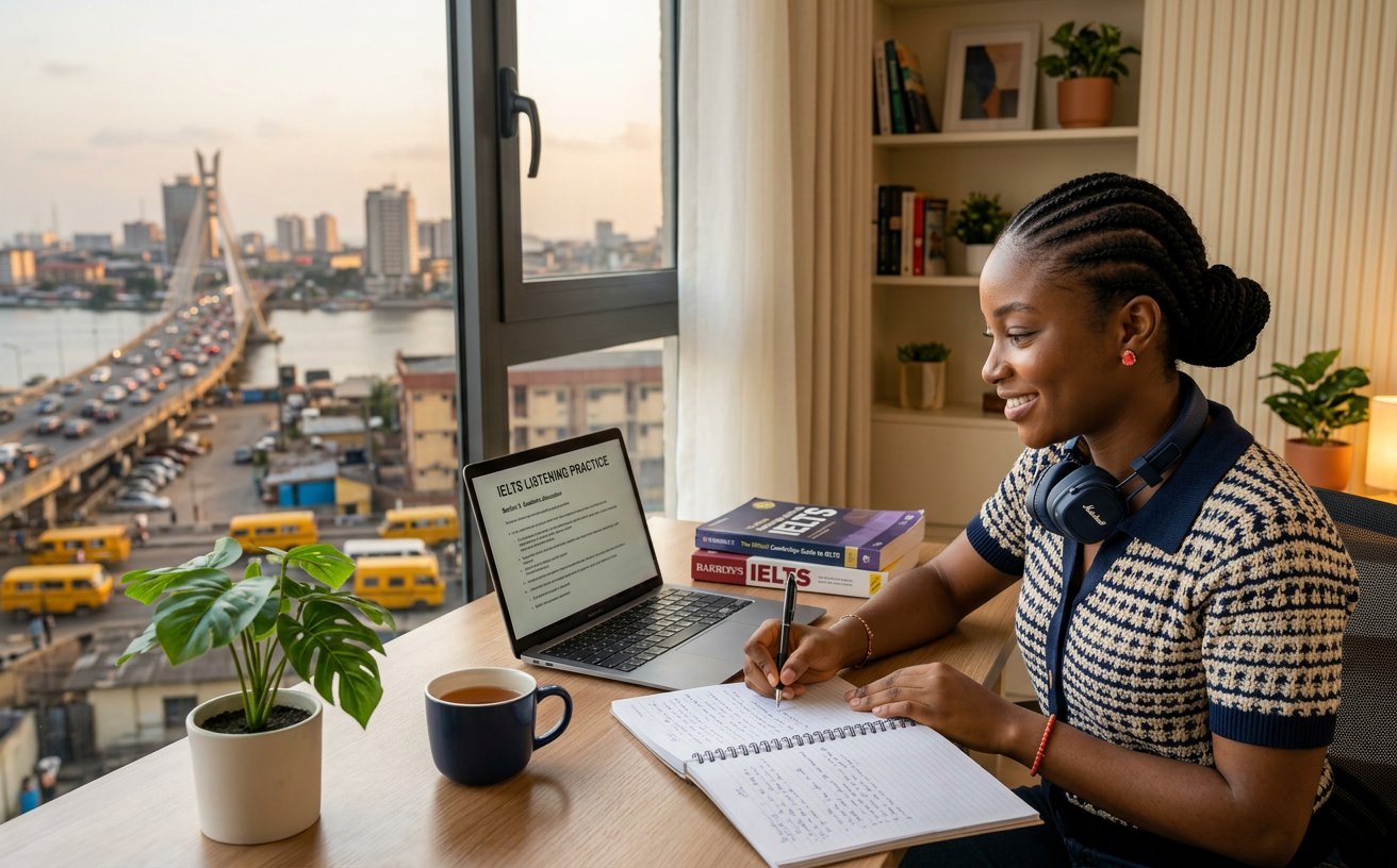 A Nigerian student preparing for her IELTS exam with a laptop, notebook and headphones in Lagos
