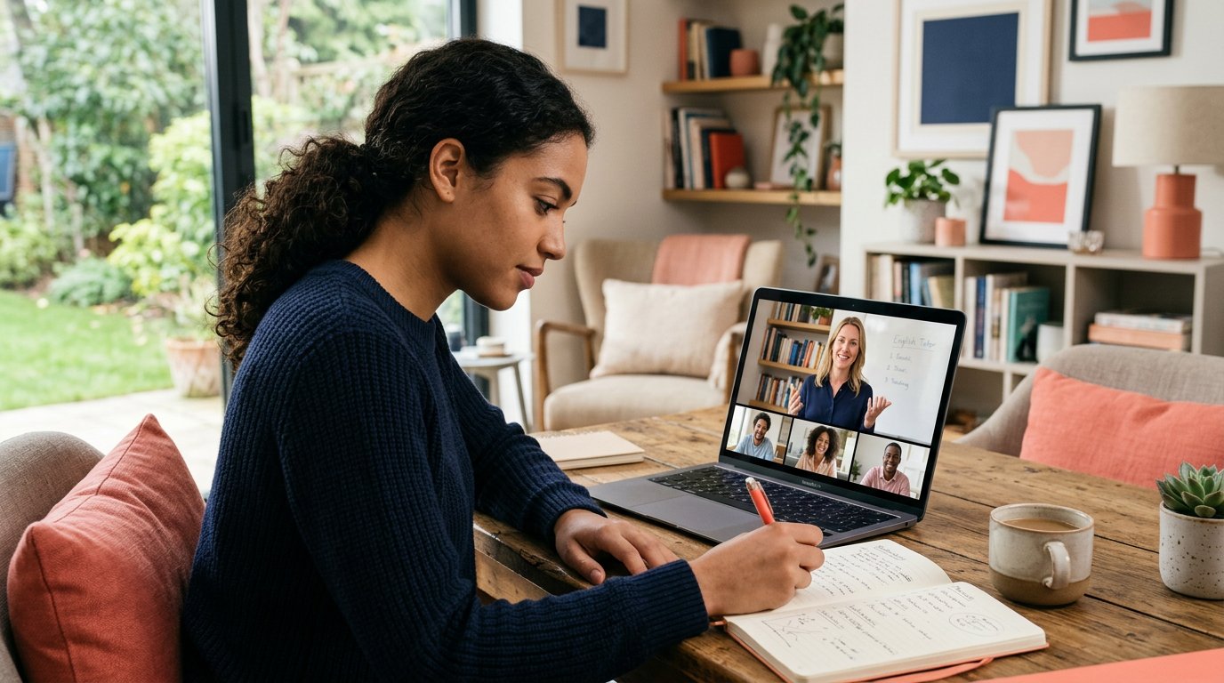 A student taking notes during a live online IELTS class
